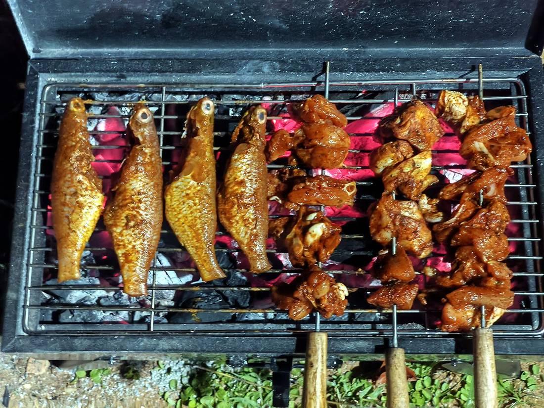 Marinated fish and chicken skewers on a charcoal grill